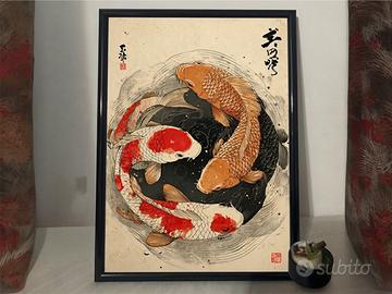 Poster giapponese Koi Carp formato A4 con cornice