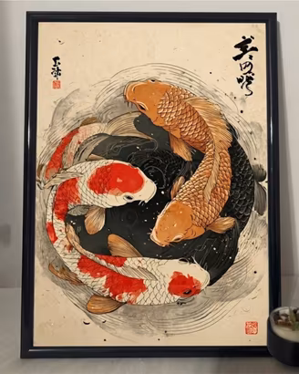 Poster giapponese Koi Carp formato A4 con cornice
