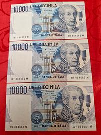 3 banconote 10000lire Volta n. serie progressiva 