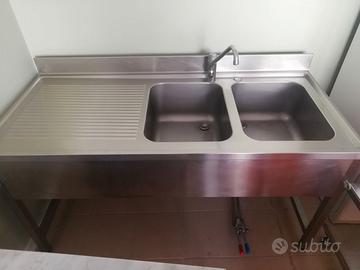Lavello inox 2 vasche pedali + banco inox e marmo