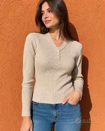 Maglia Donna Beige a Costine 50% Lana Scollo V