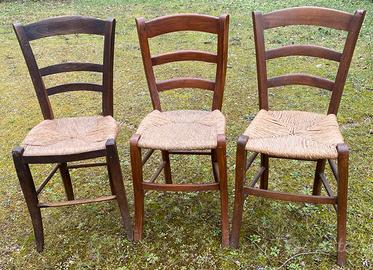 3 sedie vintage in legno e paglia