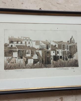 stampa "Scorcio di Piacenza" acquaforte 1987