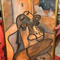 quadro olio su carta raffigurante donna su poltron