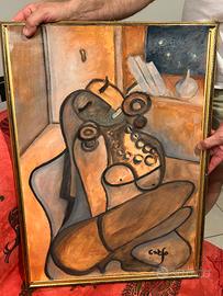 quadro olio su carta raffigurante donna su poltron