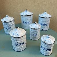Antico set contenitori da cucina latta smaltata