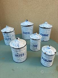Antico set contenitori da cucina latta smaltata