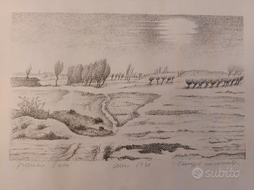 incisione Franco Sassi - Paesaggio invernale