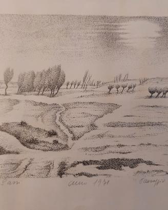 incisione Franco Sassi - Paesaggio invernale
