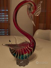 Cigno in vetro di Murano rosso e blu vintage