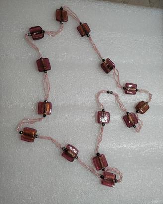 Collana Lunga in Vetro di Murano con Foglia d'Oro