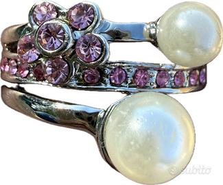 Anello bigiotteria perle e pietre rosa