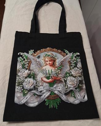 Borsa nera con Angelo decorata in Diamond Painting