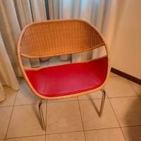 Poltrona in rattan+pelle rossa+acciaio