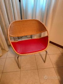Poltrona in rattan+pelle rossa+acciaio