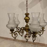 Lampadario antico anni 60, ottone e ceramica