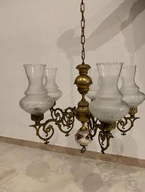Lampadario antico anni 60, ottone e ceramica
