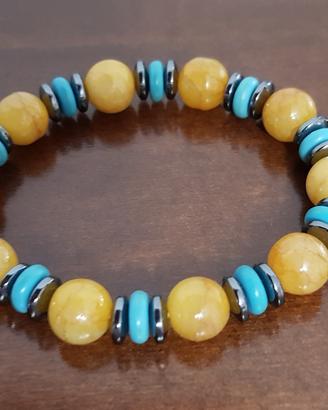 Bracciale con perle ambra e azzurre stile boho