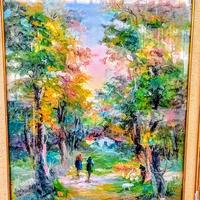 Quadro con alberi dipinto a olio, molto datato.