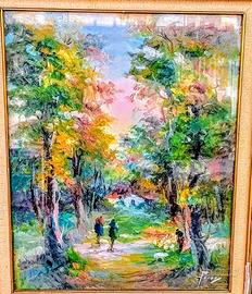 Quadro con alberi dipinto a olio, molto datato.