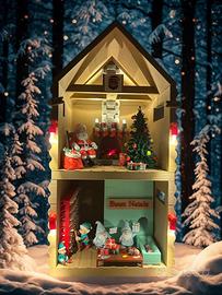 Casa di babbo natale con luci fumo e musica