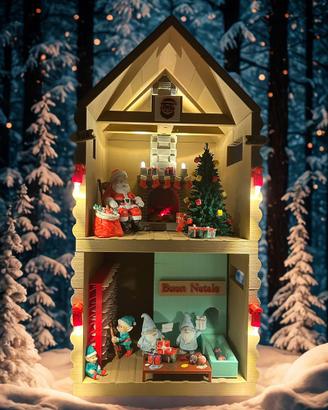 Casa di babbo natale con luci fumo e musica