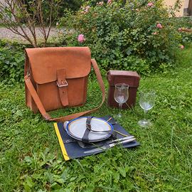 Set picnic vintage artigianale - 2 borse in pelle 