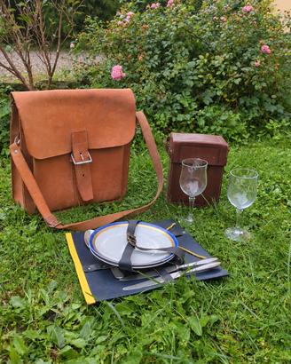 Set picnic vintage artigianale - 2 borse in pelle 
