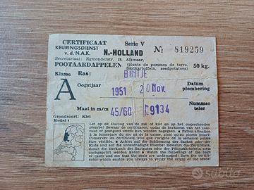 Certificato NAK Olanda 1951 Patate Bintje