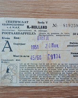 Certificato NAK Olanda 1951 Patate Bintje