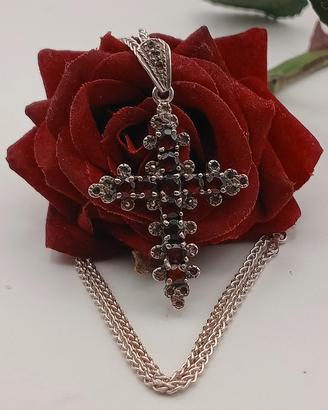 collana vintage argento 925 croce granati spiga 