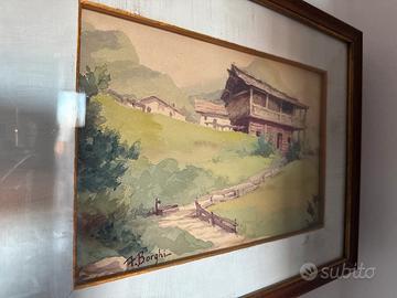 Acquerello con cornice+vetro, Paesaggio del Cadore