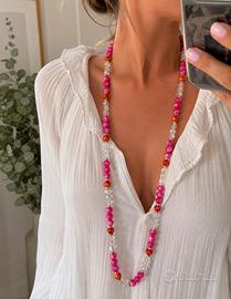 Collana lunga rosa fuxia palline bianche