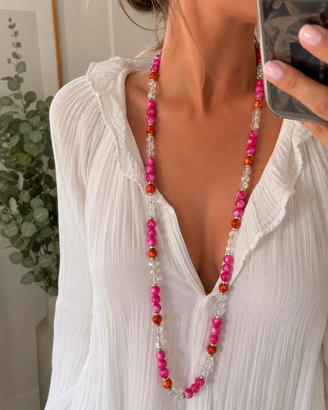 Collana lunga rosa fuxia palline bianche