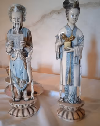 Coppia di Statuine Orientali Vintage in Resina Fin