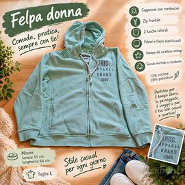 Felpa donna L verde salvia con cappuccio e zip 