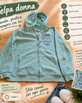 Felpa donna L verde salvia con cappuccio e zip 