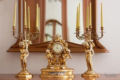 Orologio + coppia candelabri dorati stile barocco