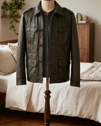 Giacca Pelle Vera Vintage Verde Scuro Militare 