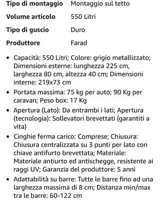 BOX AUTO DA TETTO - BAULE FARAD 550 LT