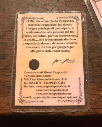 Padre Pio- santino con reliquia pezzo di saio