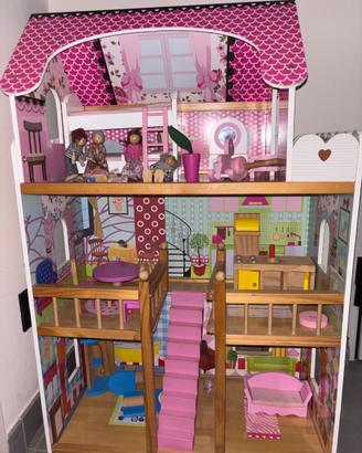 Casa delle bambole in legno+mobili+ personaggi