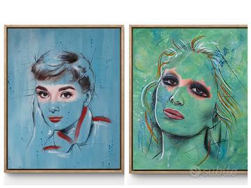 Coppia di dipinti su tela Mina Audrey Hepburn