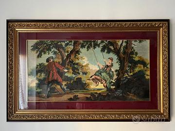 Ricamo figurativo (altalena) con cornice in legno