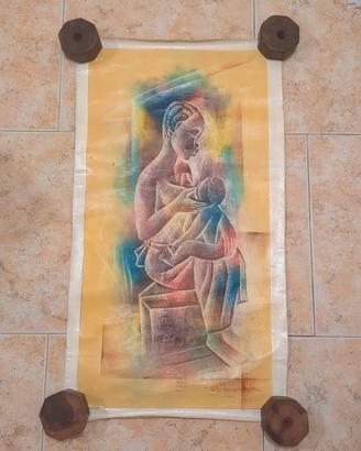 Dipinto africano su sacco farina Zaire Congo arte