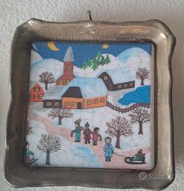 quadrino Naif, di ceramica, bimbi con la neve