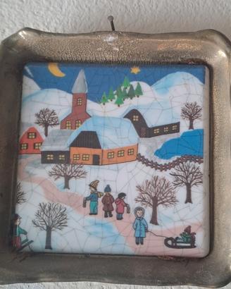 quadrino Naif, di ceramica, bimbi con la neve