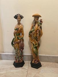 Coppia Statuette Vintage Orientali Uomo Donna 45cm