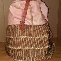 Borsa zaino sacca in vera pelle cuoio e rafia