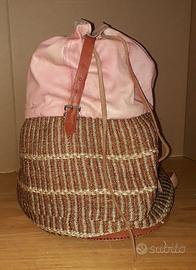 Borsa zaino sacca in vera pelle cuoio e rafia